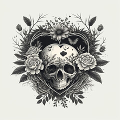 A tattoo illustration, Skull, floral, hearts, black and white, sketch, drawing, roses, Created with Generative AI