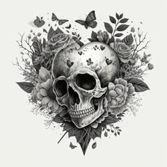 Obraz premium A tattoo illustration, Black and white, sketch, Skull, floral, hearts, roses, Created with Generative AI