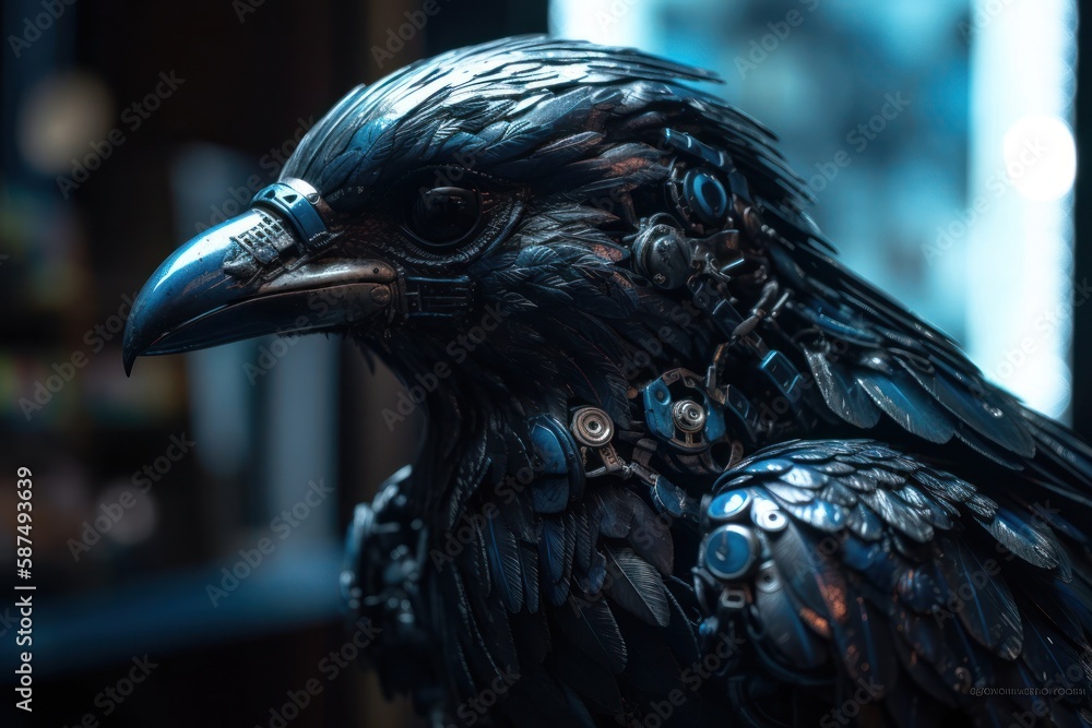 Poster blue crow mechanical robot background generative ai