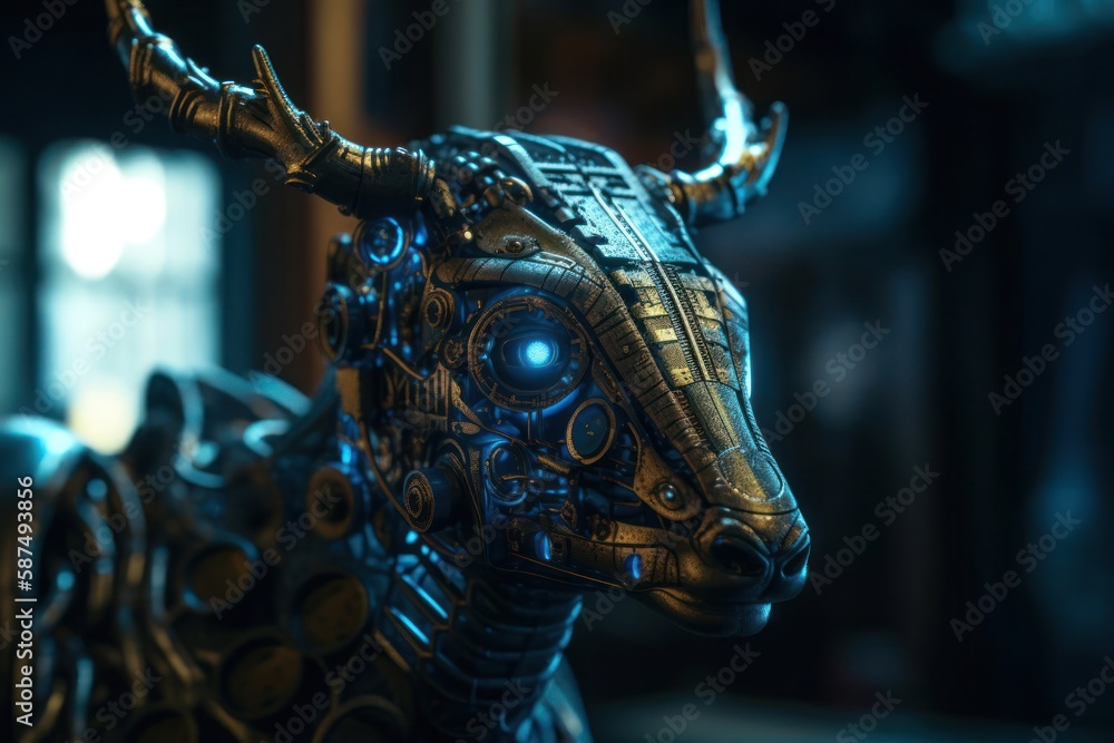 Poster blue deer cyber robot background generative ai