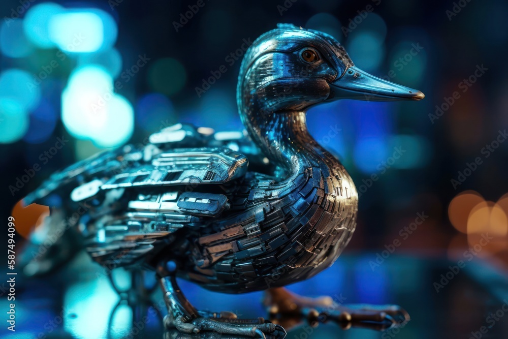 Aufkleber blue duck cyber robotic creature design generative ai