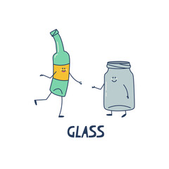Glass waste sorting. Wine bottle and glass jar. Funny objects with arms, legs and faces. Cute vector isolated on white background illustration for design.