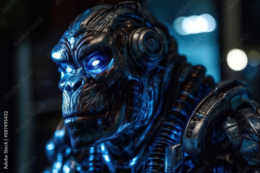 Poster blue gorilla cyber robotic creature background generative ai