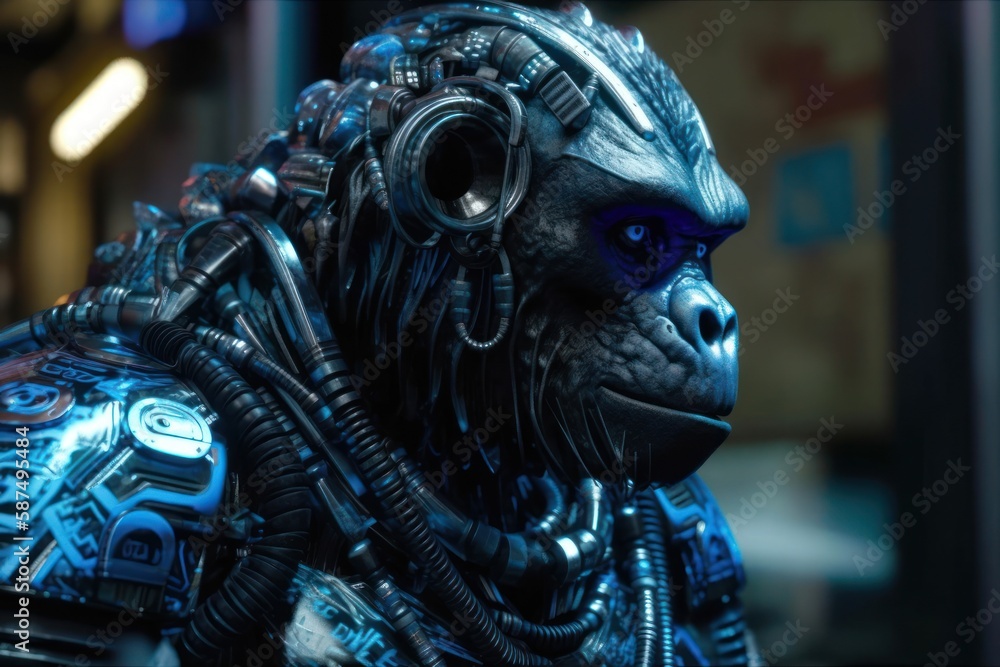 Poster blue gorilla mechanical robot background generative ai