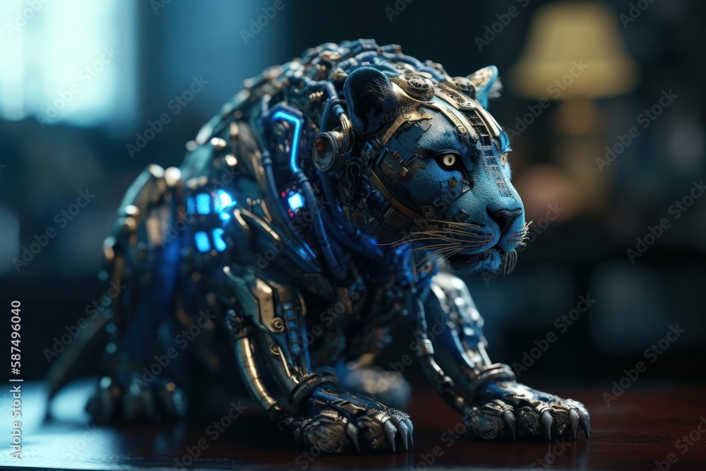 Poster blue lion mechanized robot design generative ai