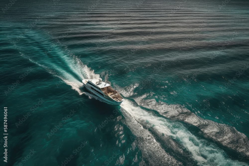 Poster Atop the water, a yacht can be seen. a background of turquoise water seen from above. aerial view of the sea in summer. Idea and concept of travel. Generative AI