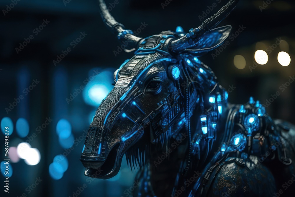 Poster blue moose mechanized robotic creature concept generative ai