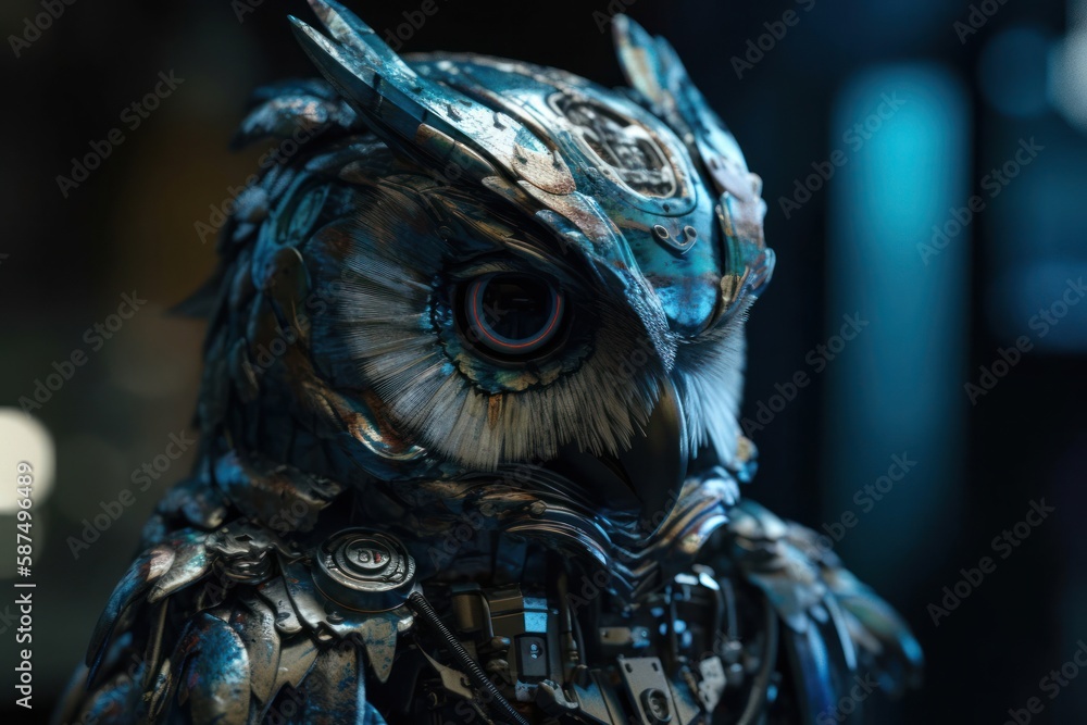Poster blue owl mechanical robot background generative ai