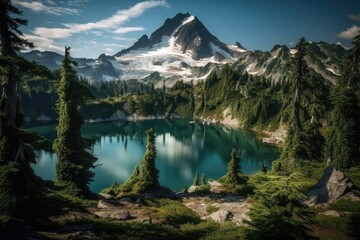 Glacier Peak and a lake can be seen in Washington, USA. Generative AI