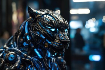 Fototapeta na wymiar Blue Panther Cyber Robot Portrait Generative AI