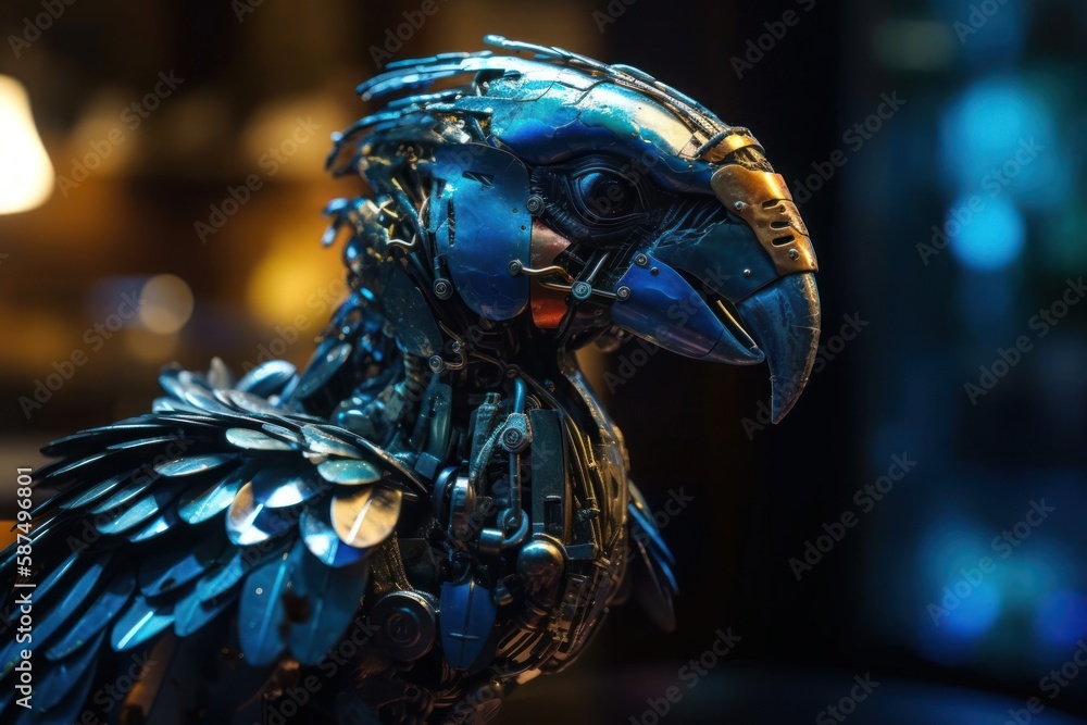 Poster blue parrot mechanized robot concept generative ai