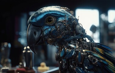 Obraz na płótnie Canvas Blue Parrot Mechanized Robotic Creature Concept Generative AI