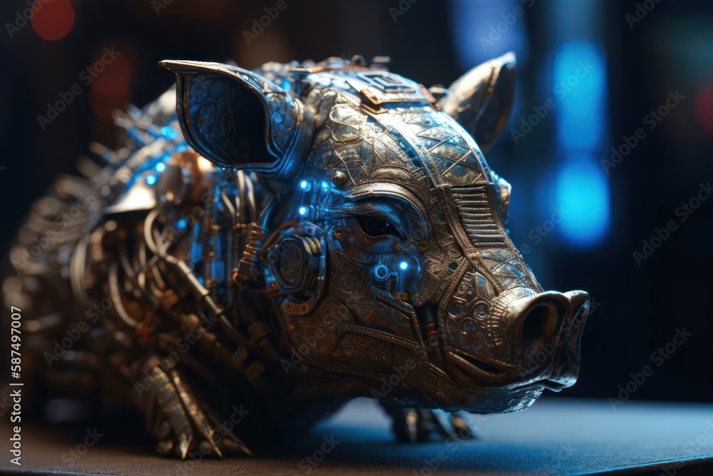 Poster blue pig mechanized robot background generative ai