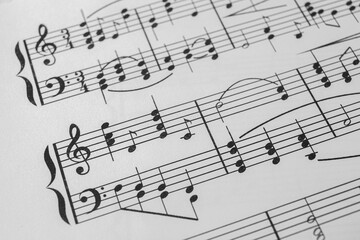Sheet of paper with music notes as background, closeup view