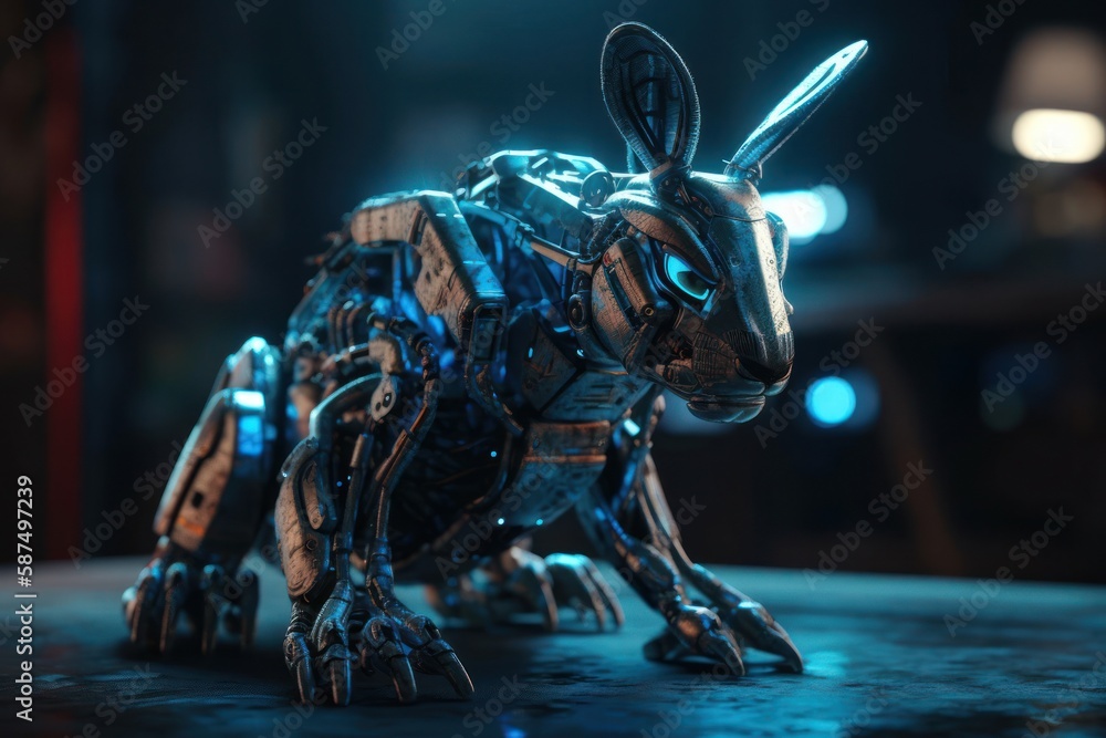 Poster blue rabbit robotic creature background generative ai