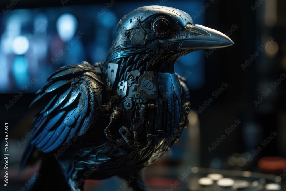 Poster blue raven cyber robotic creature background generative ai