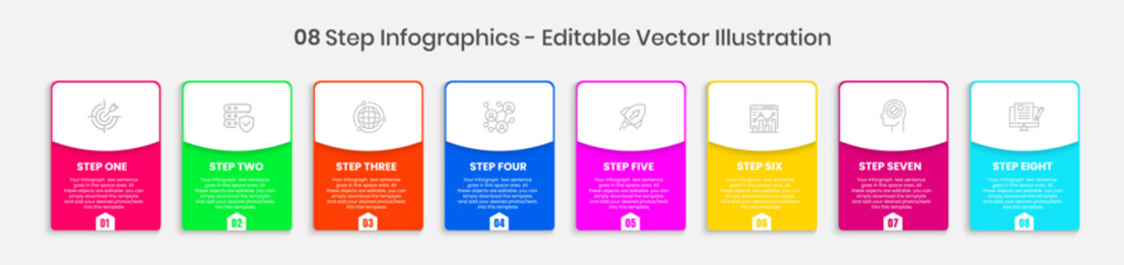 8 Steps Infographics Design Template - Graph, Pie chart, workflow layout, squire diagram, brochure, report, presentation, web design. Editable Vector illustration