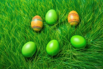 Fototapeta premium Green grass and Easter eggs. Idea of the spring holidays. Generative AI