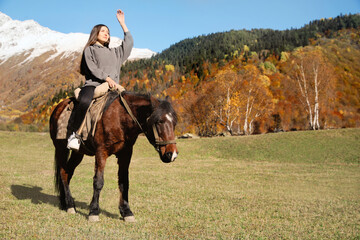 Young woman riding horse in mountains on sunny day. Beautiful pet