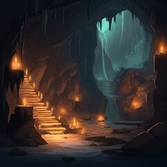 Deserted caves with passages and lights on the walls game art