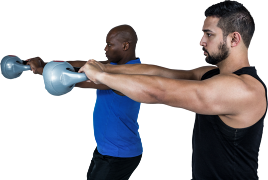Strong friends lifting kettlebells together - Powered by Adobe