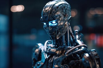 Fototapeta premium Blue Silver Electronic Robot Portrait Generative AI