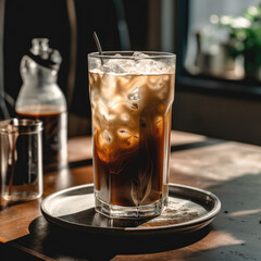 A beautiful iced coffee served in a tall, clear glass with a white ceramic saucer. The soft, natural lighting brings out the refreshing, cool tones of the coffee and ice.