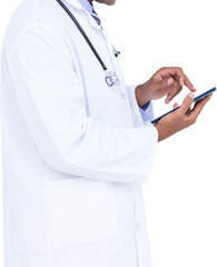 Midsection of male doctor using digital tablet