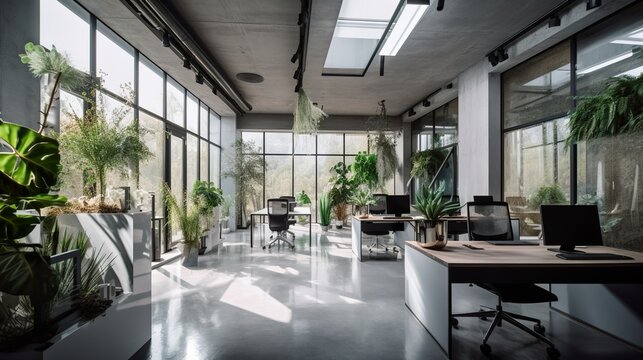 Sleek, eco-friendly office with natural lighting and indoor plants, AI generative