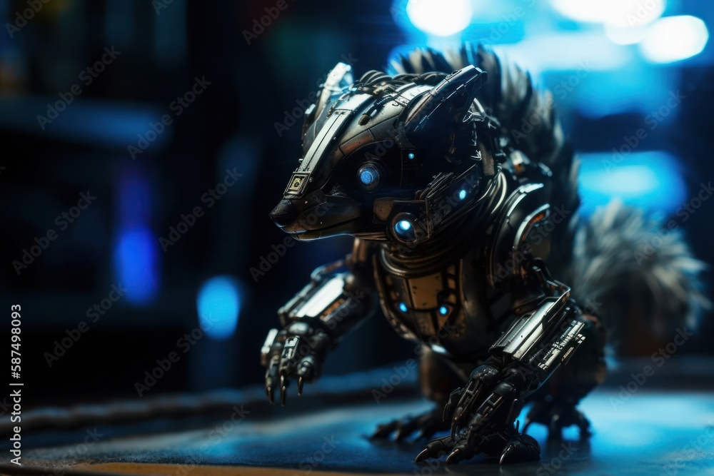 Poster blue skunk mechanized robotic creature portrait generative ai