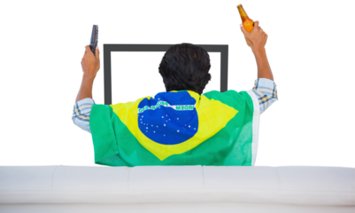 Football fan holding beer while cheering