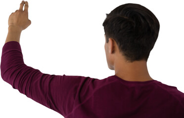 Rear view of businessman touching invisible imaginary screen