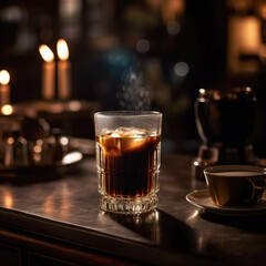 A classic americano, captured in a stunningly cinematic shot that reveals the simplicity and elegance of this timeless coffee drink, perfectly illuminated by accent lighting.