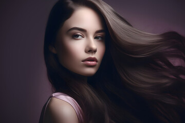 Beauty young woman with smooth brown long hair for hair cosmetics, generative ai.