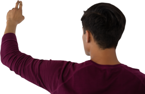 Rear view of businessman touching invisible imaginary screen - Powered by Adobe