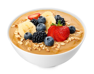 Delicious smoothie bowl with fresh berries, banana and oatmeal on white background