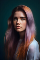 Fototapeta premium Natural beauty young woman with smooth pastel gradient coloring long hair, generative ai.
