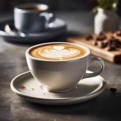 A fresh, frothy cappuccino in a white ceramic cup with a subtle, elegant design. The bright, airy background brings out the delicate nuances of the coffee and milk.