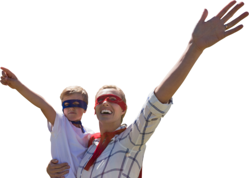 Mother and son pretending to be superhero