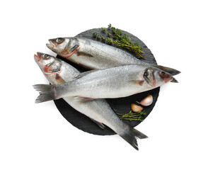 Fresh sea bass fish and spices on white background, top view