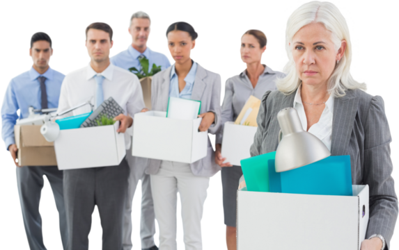 Unhappy fired business people holding box 