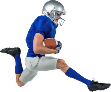 Full length of American football player running with ball