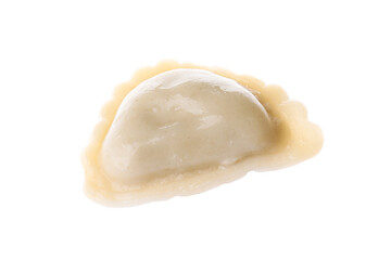 Fototapeta na wymiar One dumpling (varenyk) with tasty filling isolated on white