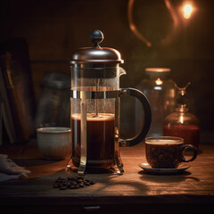 A hearty and satisfying French press coffee, captured in a stunningly cinematic shot that highlights the full-bodied richness and aroma of this classic brewing method, perfectly illuminated by accent 