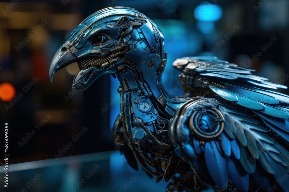Poster blue vulture mechanized robot background generative ai