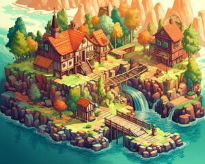 Ai generated illustration of beautiful fantasy small farming village, cartoon in low polygonal 3d model style, isometric diorama, Game and green concept landscape