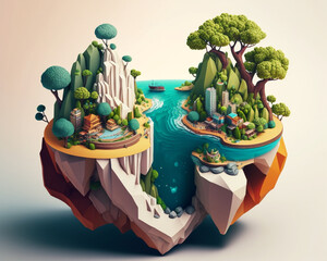 Low poly diorama island on water, isometric garden, digital art poster with 3D render and intricate cartoon-style illustration. High detail colors, symmetrical and beautiful AI artwork