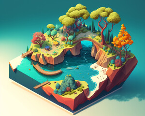 Ai diorama 3d colorful digital art of a port village with low poly country sideon a lake, bridge. With isometric garden, high detail cartoon style blur vignette for modern design and gaming, isolated.