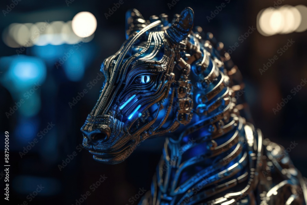 Poster blue zebra mechanical robot design generative ai