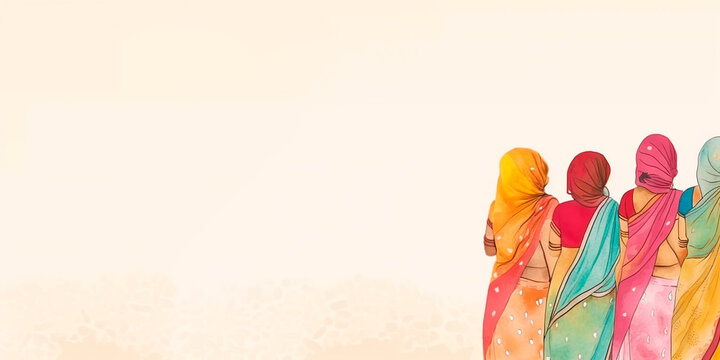 Group of Indian women with different clothing colors, colorful watercolor benner AI generated